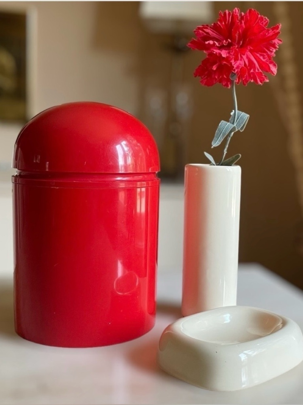 Vintage 1980s red and almond (cream) bathroom accessories